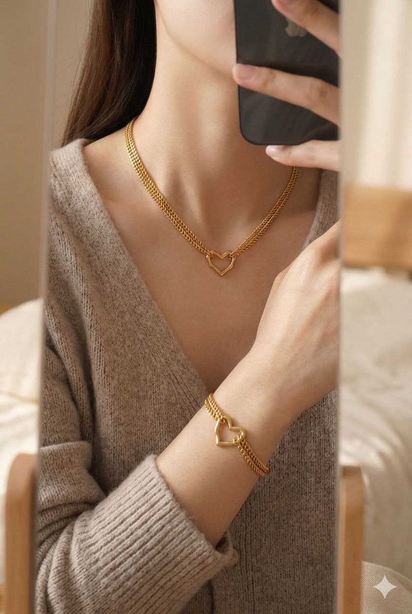 💛 طقم مجوهرات ذهبي بتصميم القلب – عقد وسوار